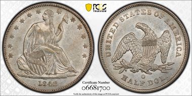 1842-O 50C Small Date, Rev. of 1839 AU55