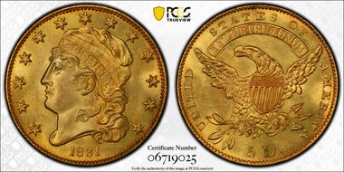 1831 $5 BD-2, Large D MS64