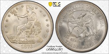 1876 T$1 Obverse 1, Reverse 2 MS65+ 