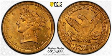 1855-D $5 Medium D MS62