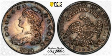 1834 50C O-111, Sm Date Sm Let AU58
