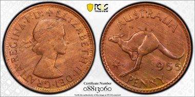 1955 Y. (p) 1D Melbourne obverse MS63RB
