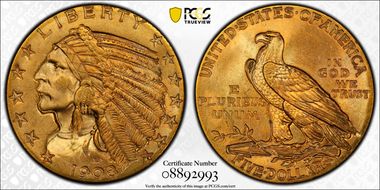 1908 $5 Indian MS65+