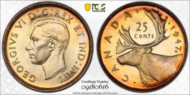 1947 25C Maple Leaf MS65