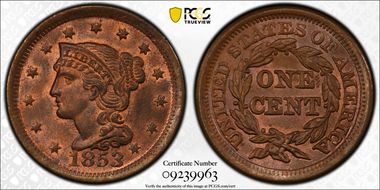 1853 1C Newcomb 30 MS64RB