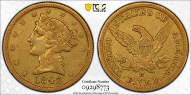 1842-D $5 Large Date VF25