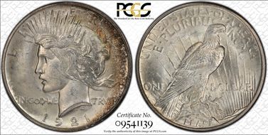 1921 $1 VAM 3, Line Thru L Peace MS63