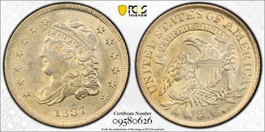 1837 H10C Capped Bust, Large 5C AU55