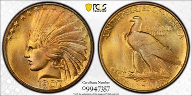 1907 $10 Indian, Rolled Edge MS66