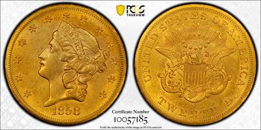 1858-S $20 AU58