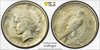 1921 $1 High Relief, Peace MS64