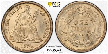 1875-CC 10C Mintmark Above Bow MS65