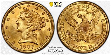 1907 $5 MS65+