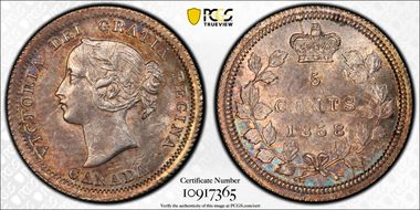 1858 5C Large Date RP3 AU58