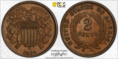 1864 2C Small Motto AU58+ BN