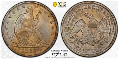 1853 50C Arrows & Rays AU58
