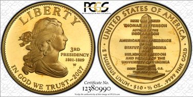 2007-W $10 Jefferson's Liberty PR70DCAM
