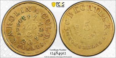 (1834-37) $5 "C:"Bechtler, Carolina Gold Reeded Edge XF45