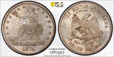 1874 T$1 Chopmarked MS61