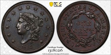 1835 1C N-9, Lg 8, Lg Stars AU58BN