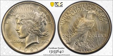 1921 $1 High Relief, Peace MS63