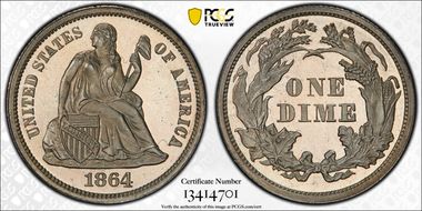 1864 10C PR66CAM