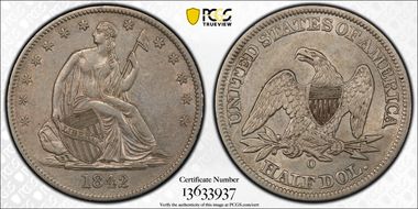 1842-O 50C WB-8, Medium Date AU50