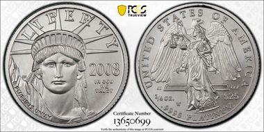 2008-W $25 Burnished St. of Liberty Mint Engraver Series Mercanti Flag SP70