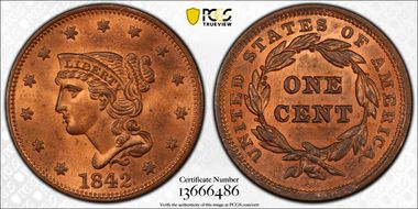 1842 1C N-5  Large Date MS65RD