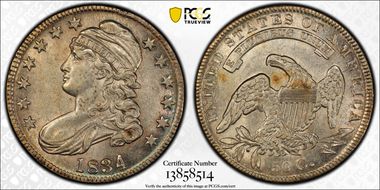 1834 50C Large Date, Small Letters AU58