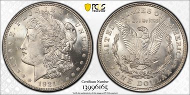 1921 $1 Morgan, Pitted Reverse MS64