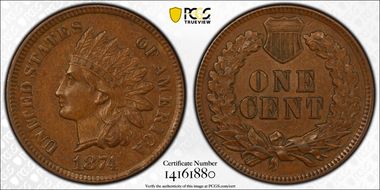 1874 1C AU58+ BN