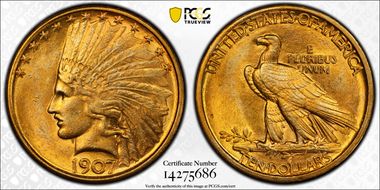 1907 $10 Indian AU58+