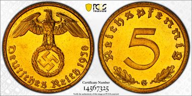 1938-G 5 Pfg J-363 PR64+ CAM