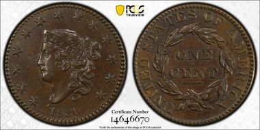 1830 1C N-8, Large Letters AU58BN