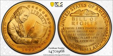1993-W $5 James Madison Bill of Rights MS70