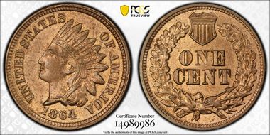 1864 1C Copper-Nickel AU58