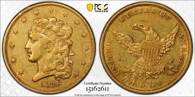 1834 $5 Classic Head, HM-2 XF40