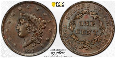 1837 1C Plain Cords, Medium Letters MS63BN