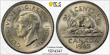1942 5C Nickel MS65
