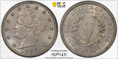 1883 5C With CENTS AU58