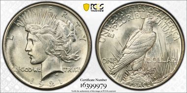 1921 $1 High Relief, Peace MS64