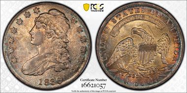 1836 50C O-106a LE, Beaded Reverse AU58