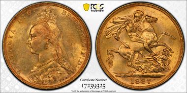 1887-M Sov S-3867B DISH M8 2nd Obv Angled J MS61