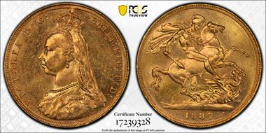 1887-M Sov S-3867A DISH M7 1st Obv Angled J MS62