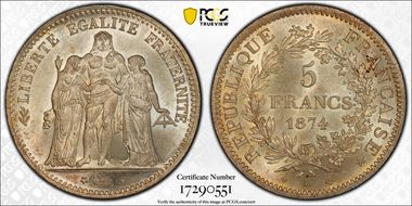 1874-K 5 Fr Gad-745a F-334 MS66