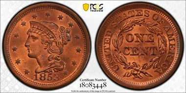 1853 1C Newcomb 10 MS64RD