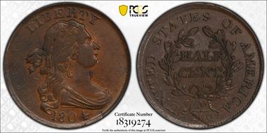 1804 1/2C Plain 4, No Stems AU55BN