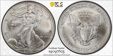 2006-W $1 Burnished Silver Eagle 20th Anniversary SP70