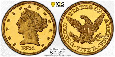 1864 $5 PR65DCAM